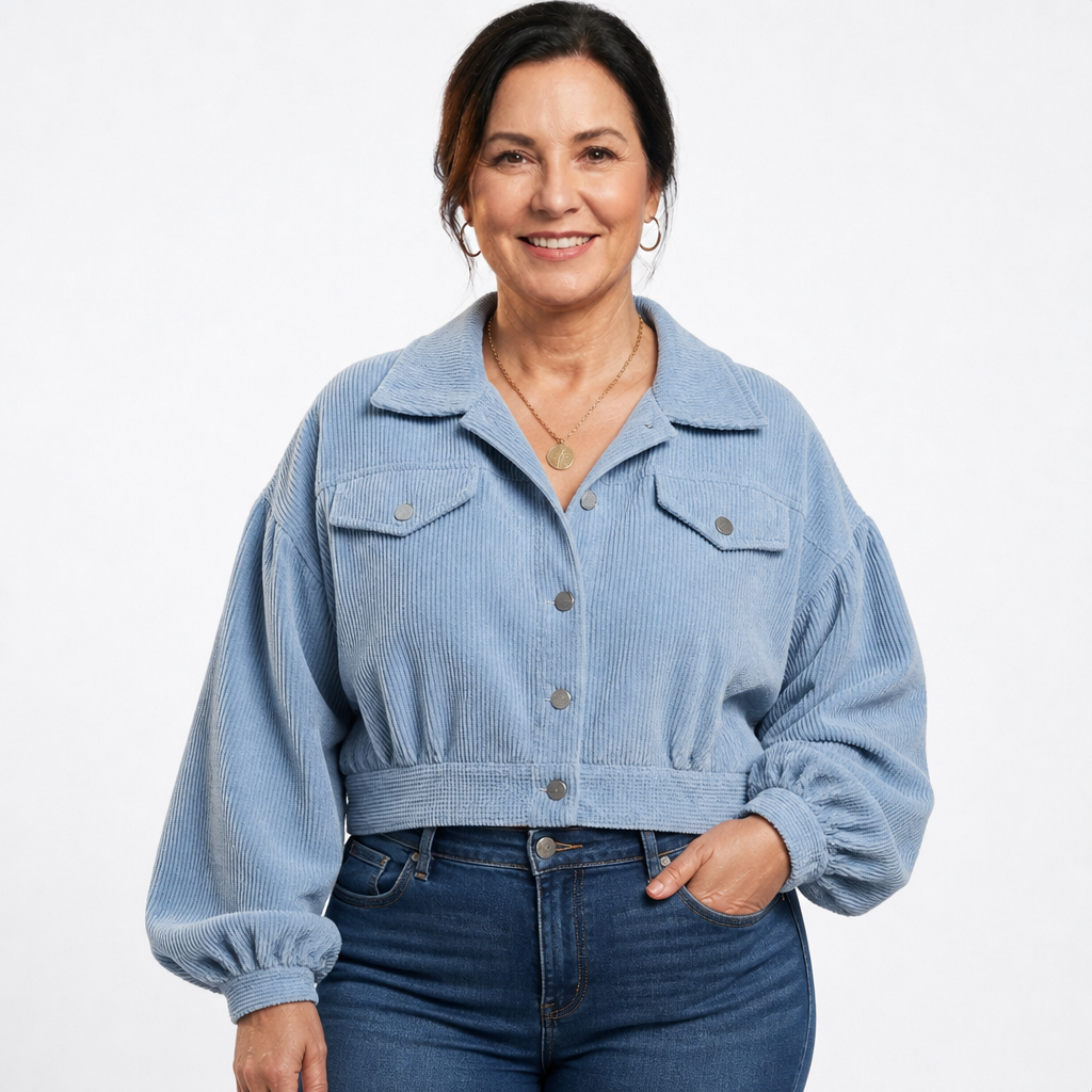 Women's Cropped Corduroy Balloon Sleeve Shacket - Blue
