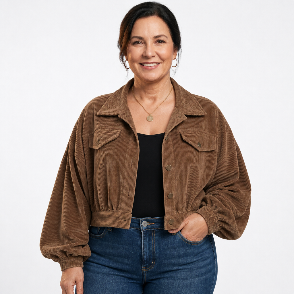 Women's Cropped Corduroy Balloon Sleeve Shacket - Brown