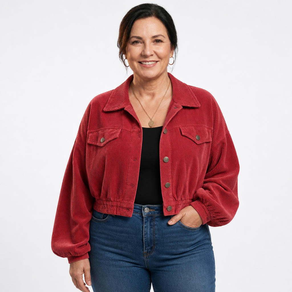 Women's Cropped Corduroy Balloon Sleeve Shacket - Red