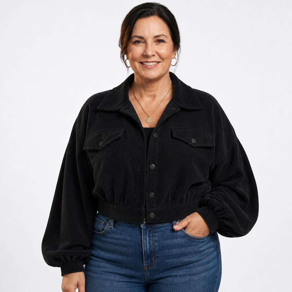 Women's Cropped Corduroy Balloon Sleeve Shacket - Black
