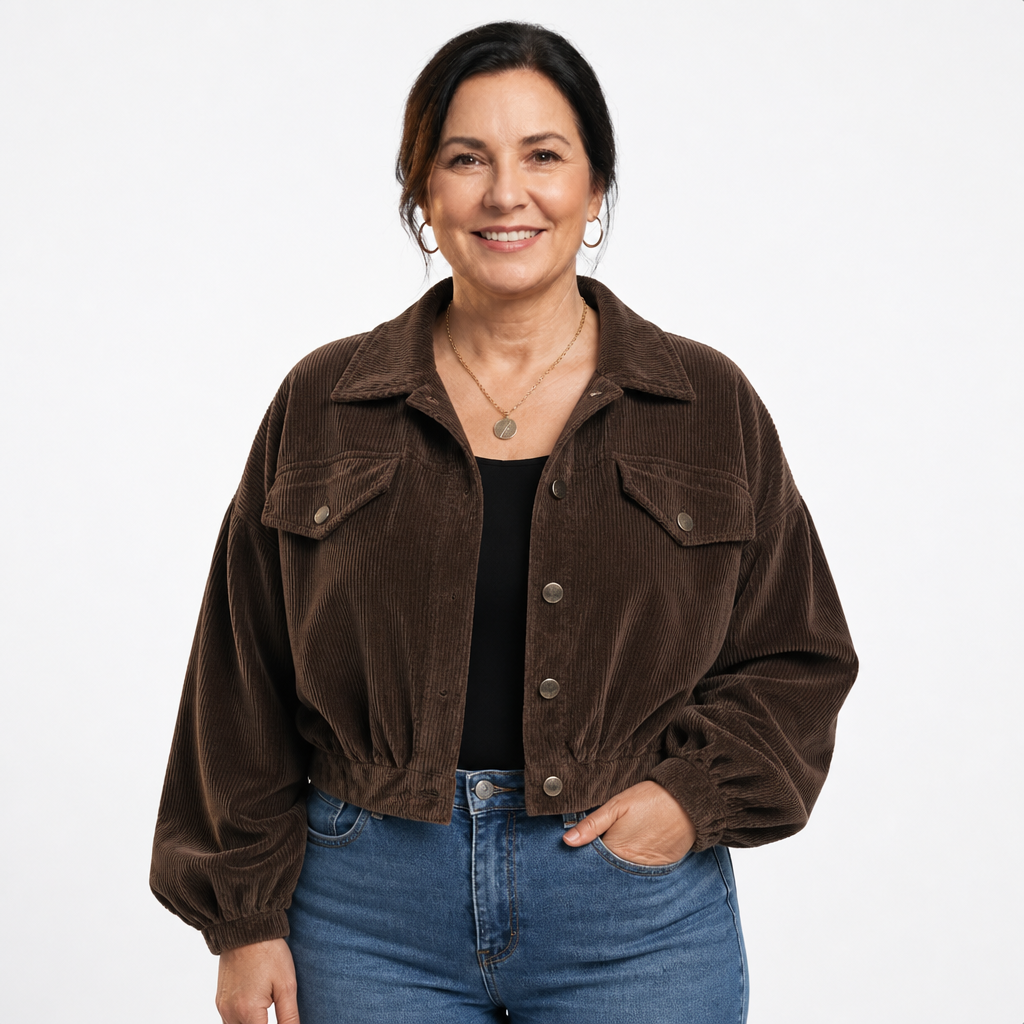 Women's Cropped Corduroy Balloon Sleeve Shacket - Dark Brown
