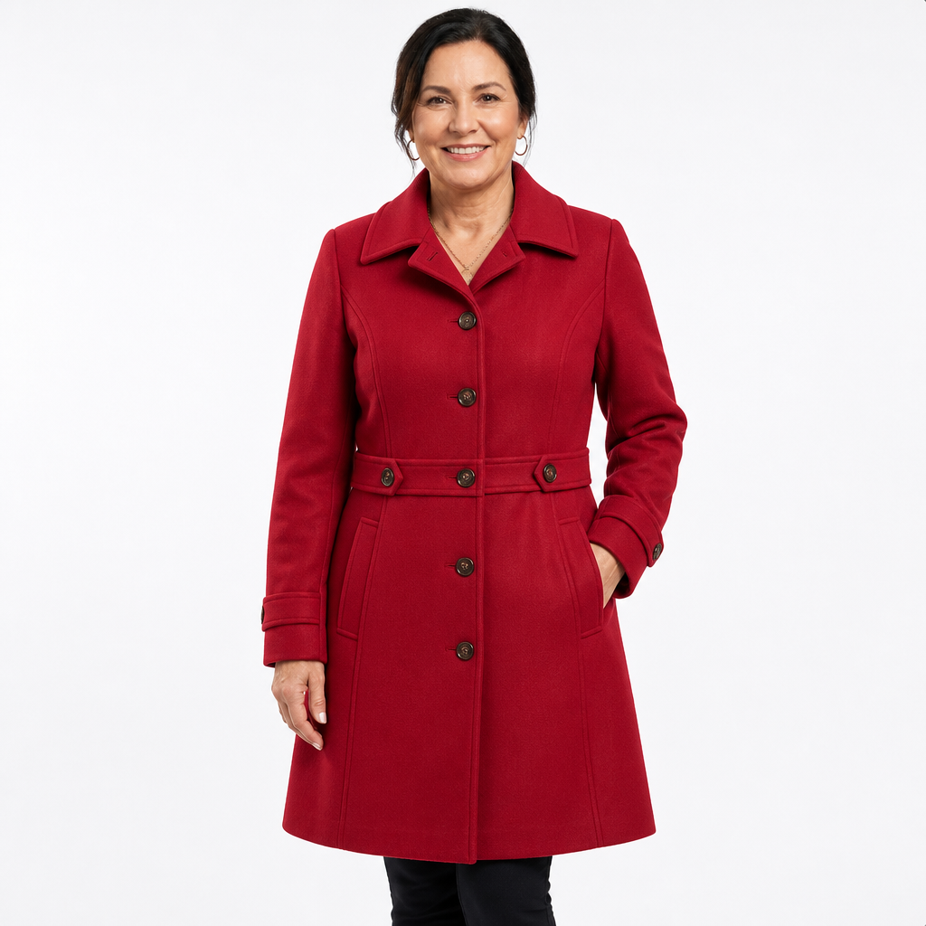 Women's Button Belt Flared Skirted Coat - Red