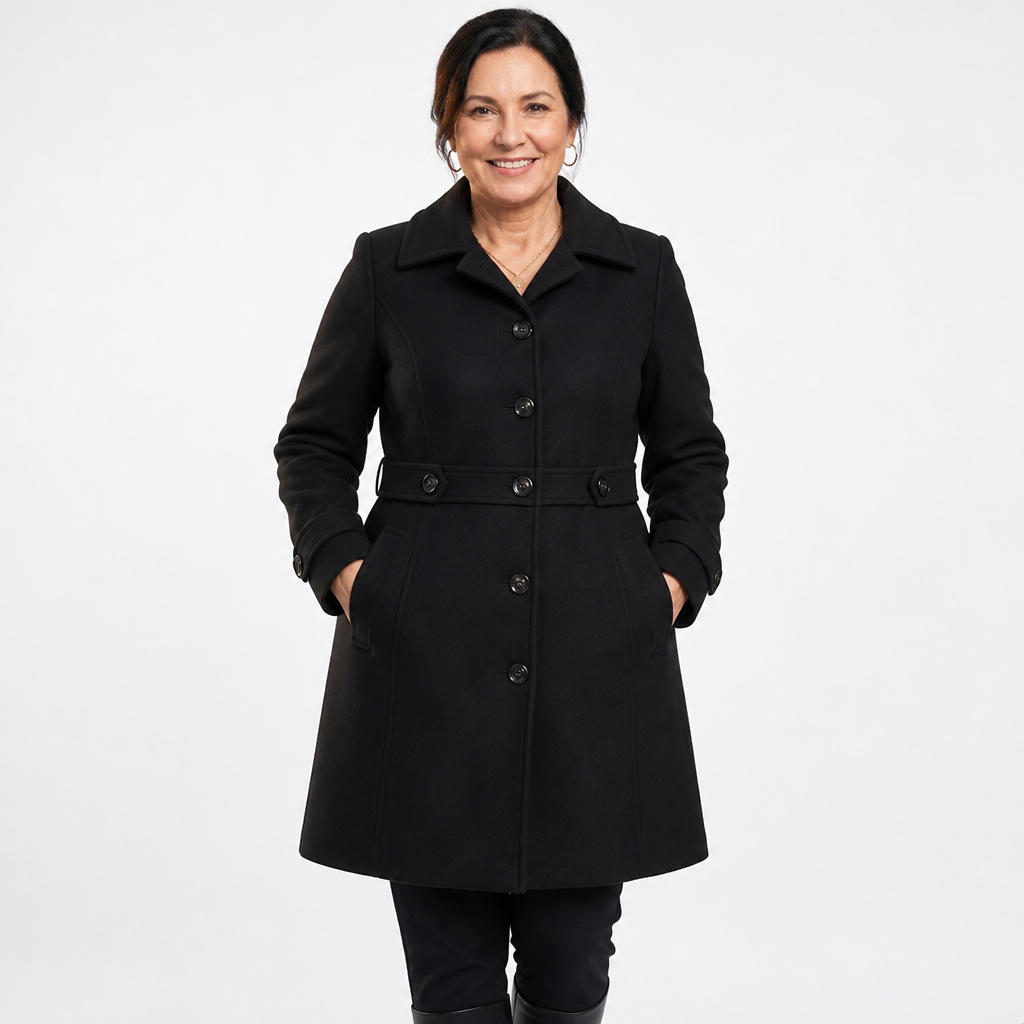 Women's Button Belt Flared Skirted Coat - Black