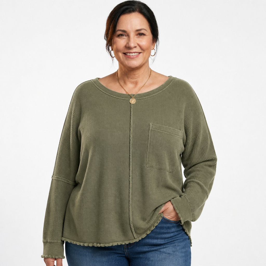 Women's Lettuce Edge Waffle Knit Top - Khaki