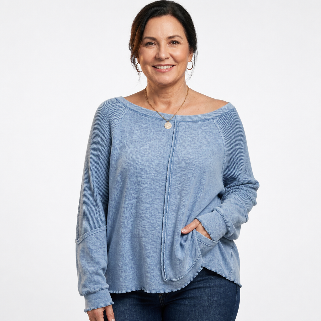 Women's Lettuce Edge Waffle Knit Top - Blue