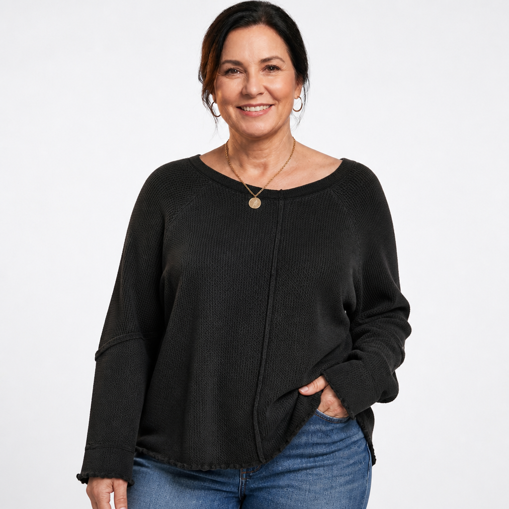 Women's Lettuce Edge Waffle Knit Top - Black