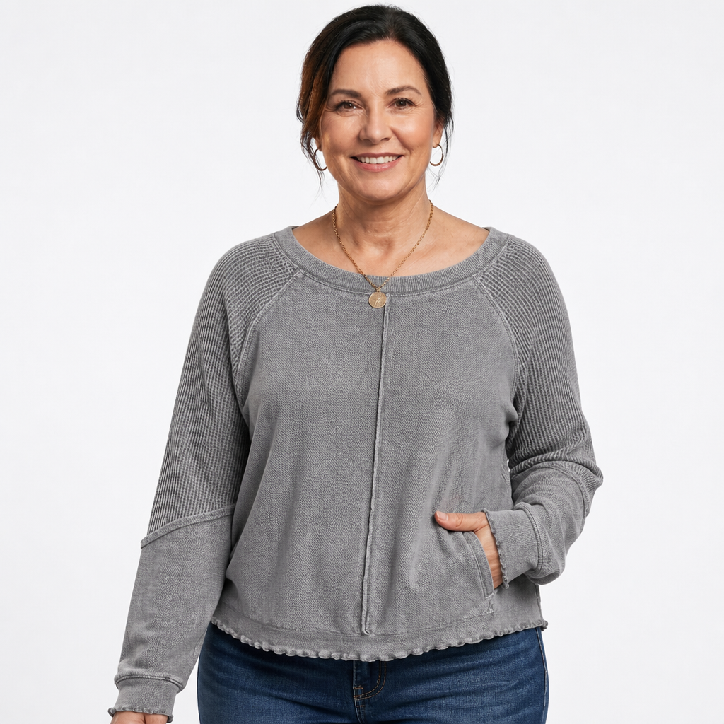 Women's Lettuce Edge Waffle Knit Top - Gray