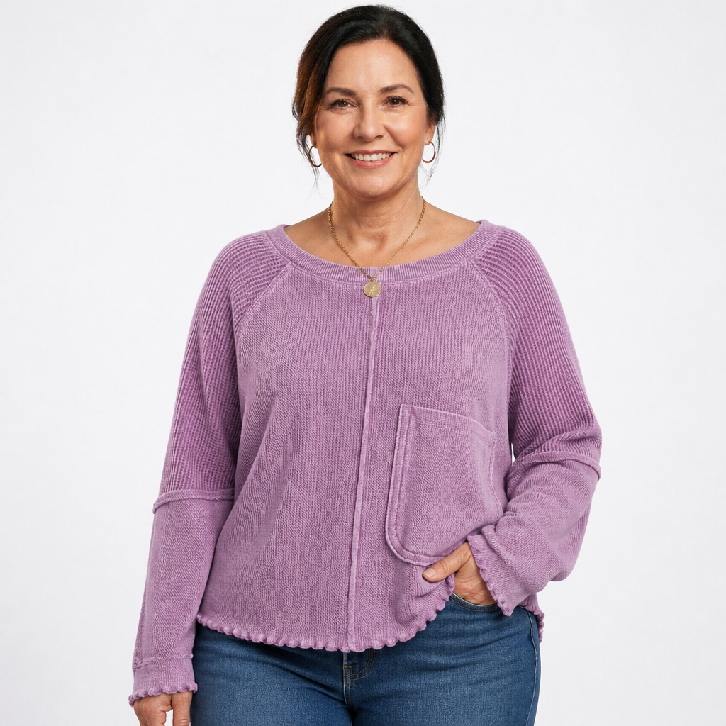 Women's Lettuce Edge Waffle Knit Top - Purple
