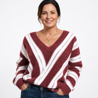 Women's Diagonal Striped Fuzzy V Neck Sweater