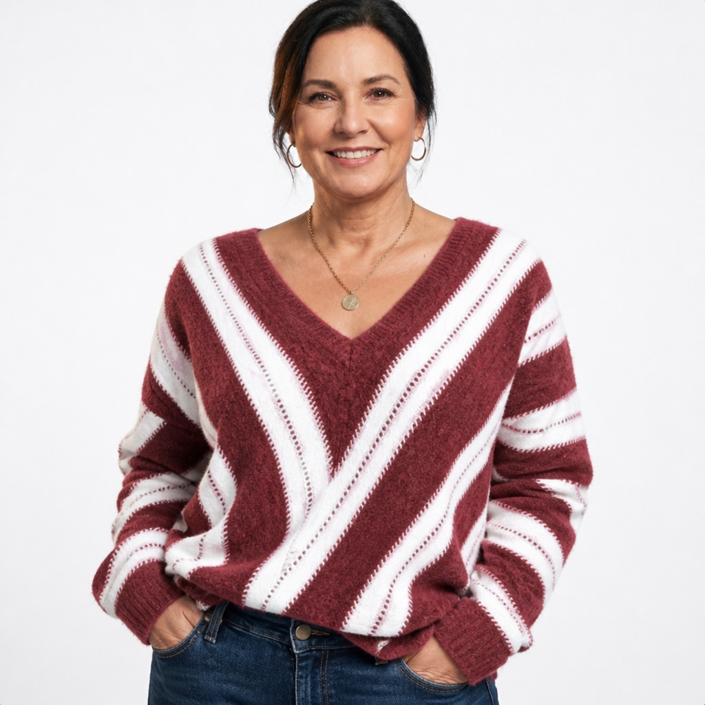 Women's Diagonal Striped Fuzzy V Neck Sweater - Burgundy