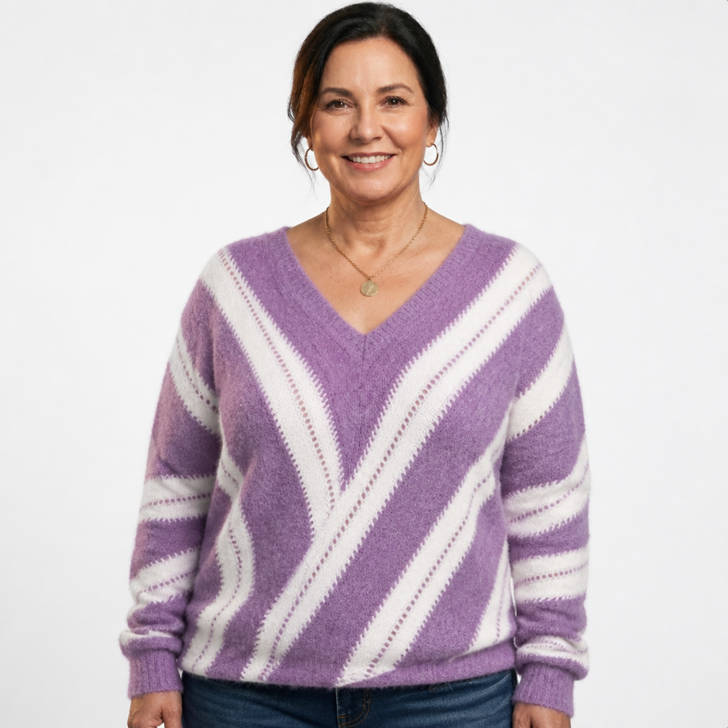 Women's Diagonal Striped Fuzzy V Neck Sweater - Violet