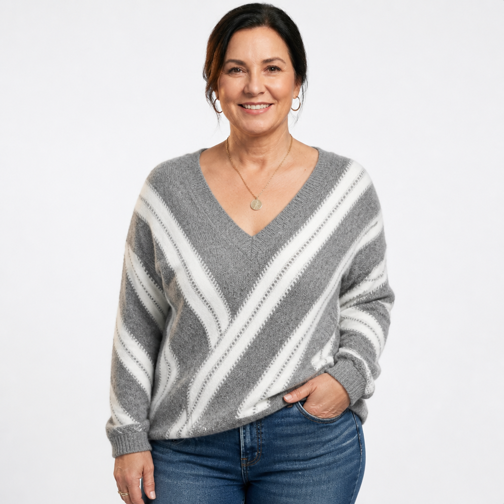 Women's Diagonal Striped Fuzzy V Neck Sweater - Gray