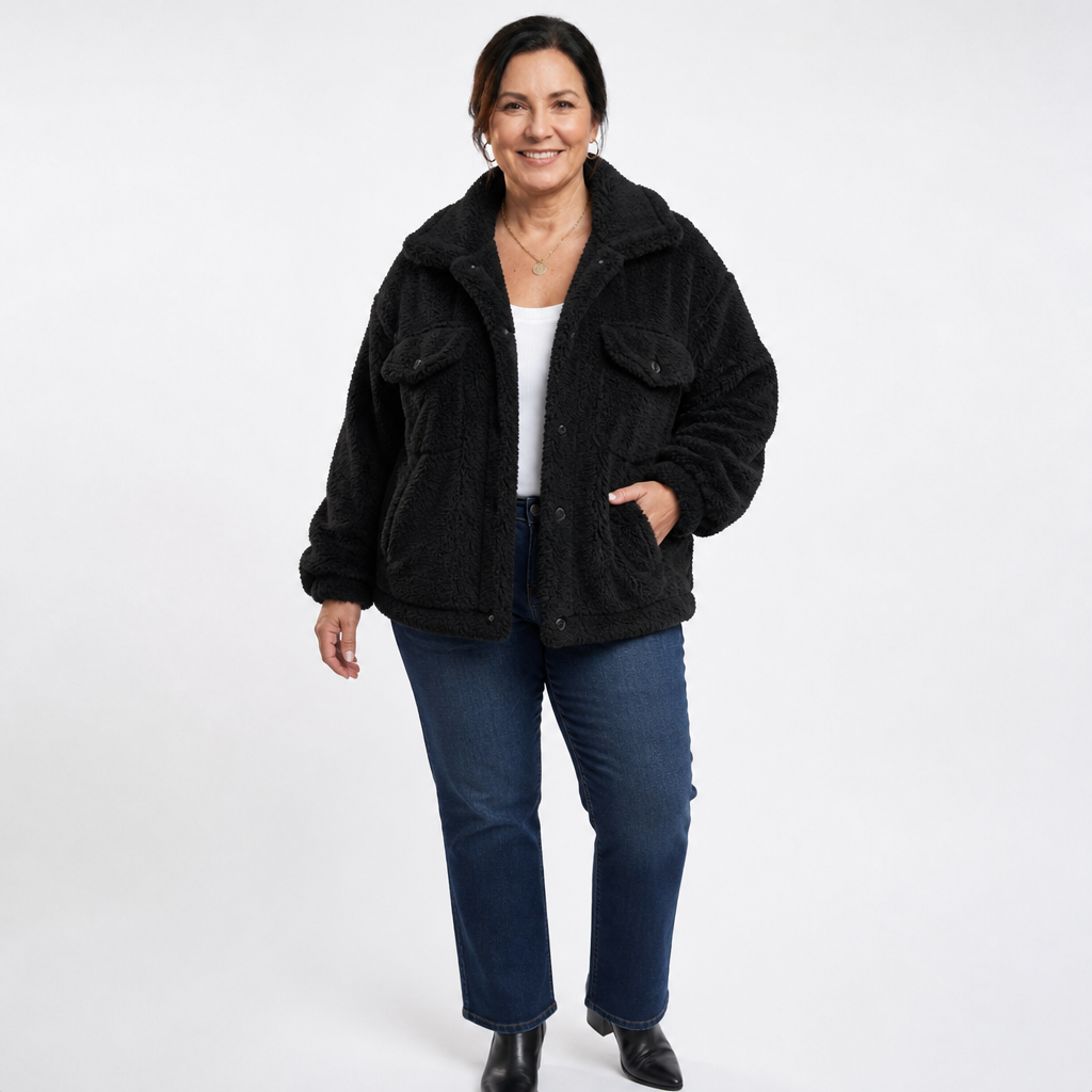 Women's Plus Size Cropped Boxy Sherpa Jacket - Black