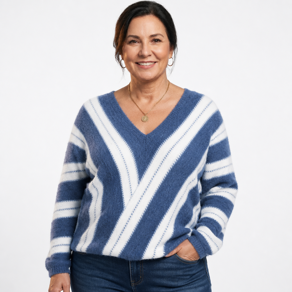 Women's Diagonal Striped Fuzzy V Neck Sweater - Blue