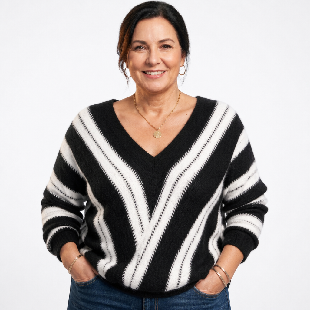 Women's Diagonal Striped Fuzzy V Neck Sweater - Black