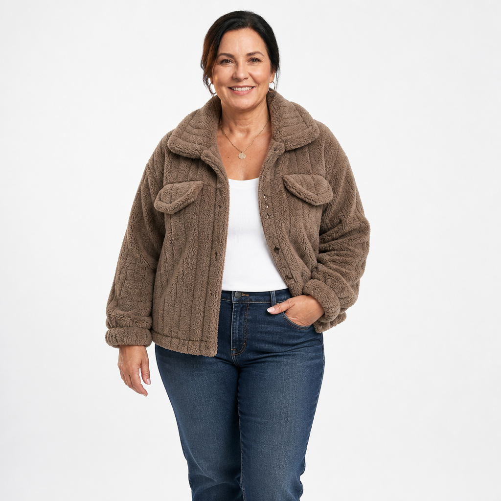 Women's Plus Size Cropped Boxy Sherpa Jacket - Brown