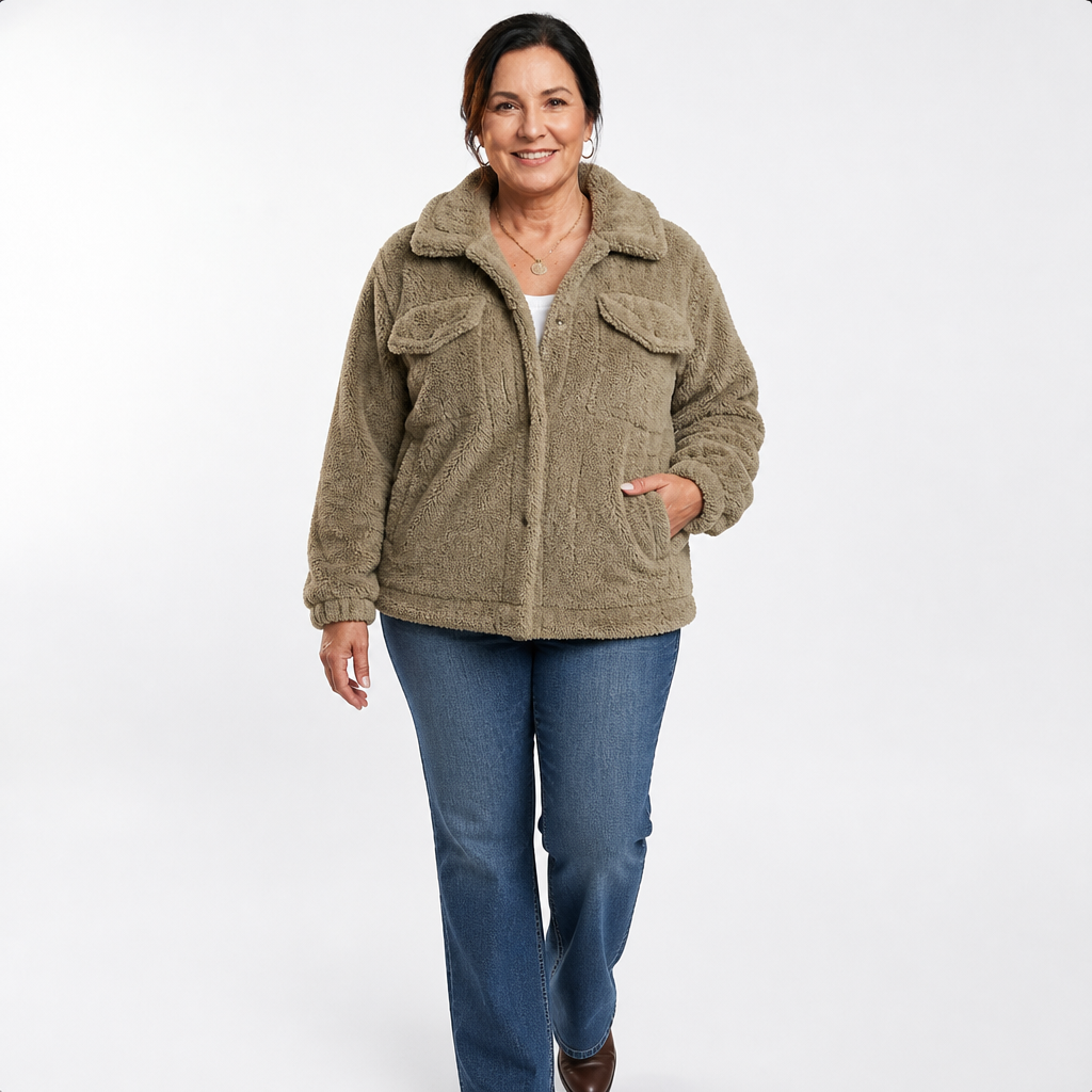 Women's Plus Size Cropped Boxy Sherpa Jacket - Khaki