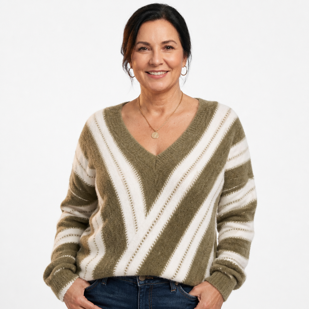 Women's Diagonal Striped Fuzzy V Neck Sweater - Khaki