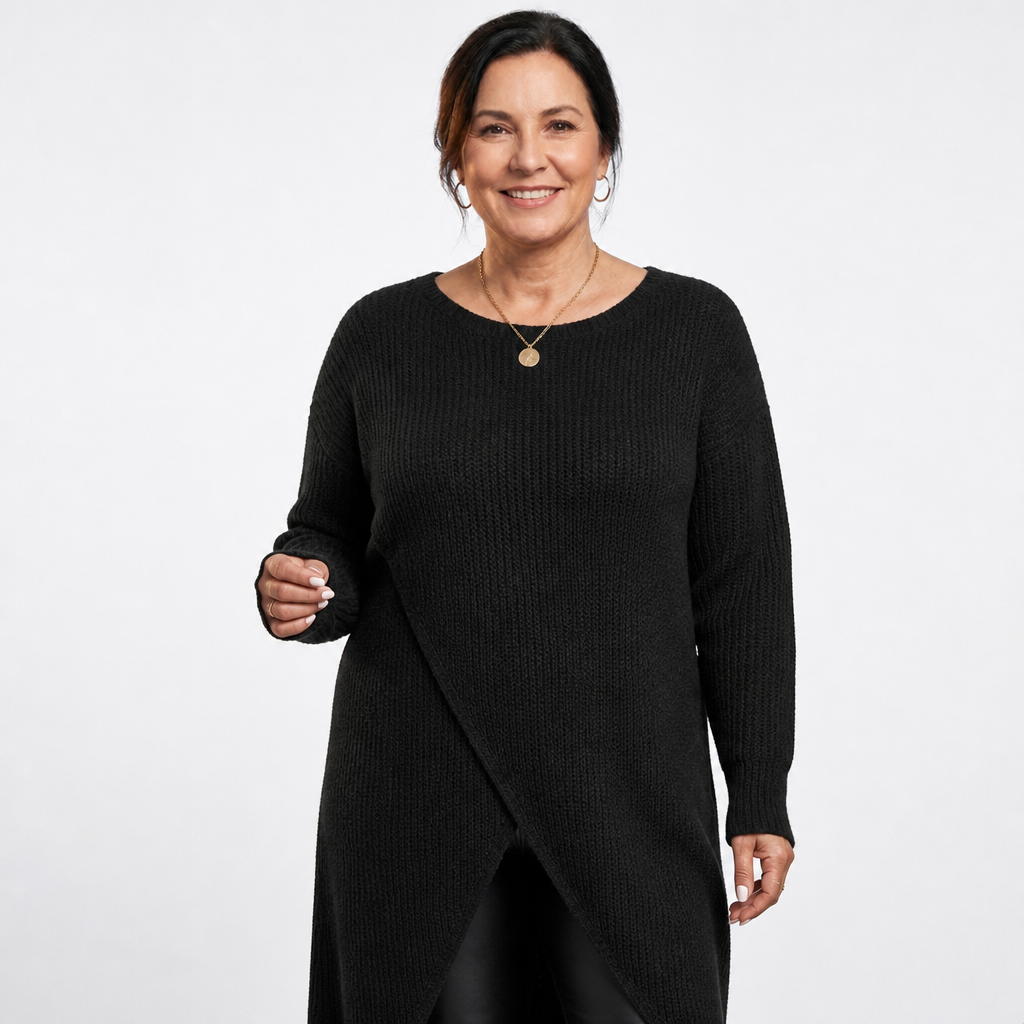 Women's Wrap Front Slit Midi Sweater Dress - Black