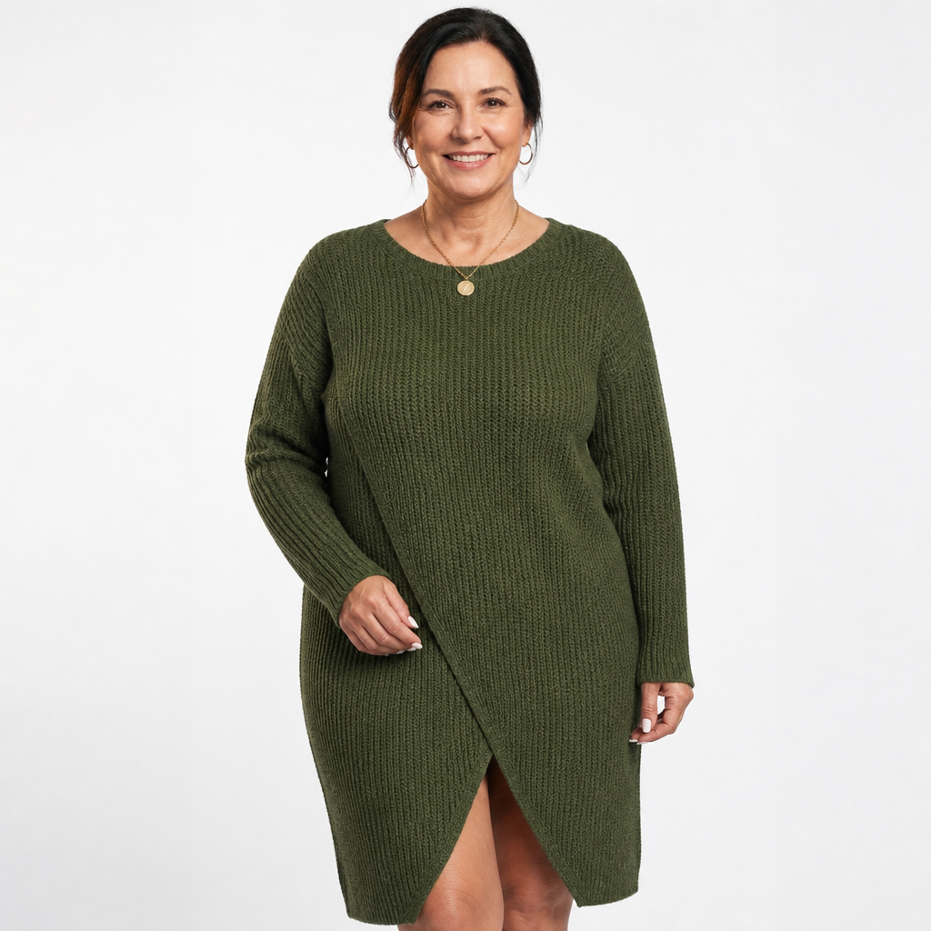 Women's Wrap Front Slit Midi Sweater Dress - Khaki