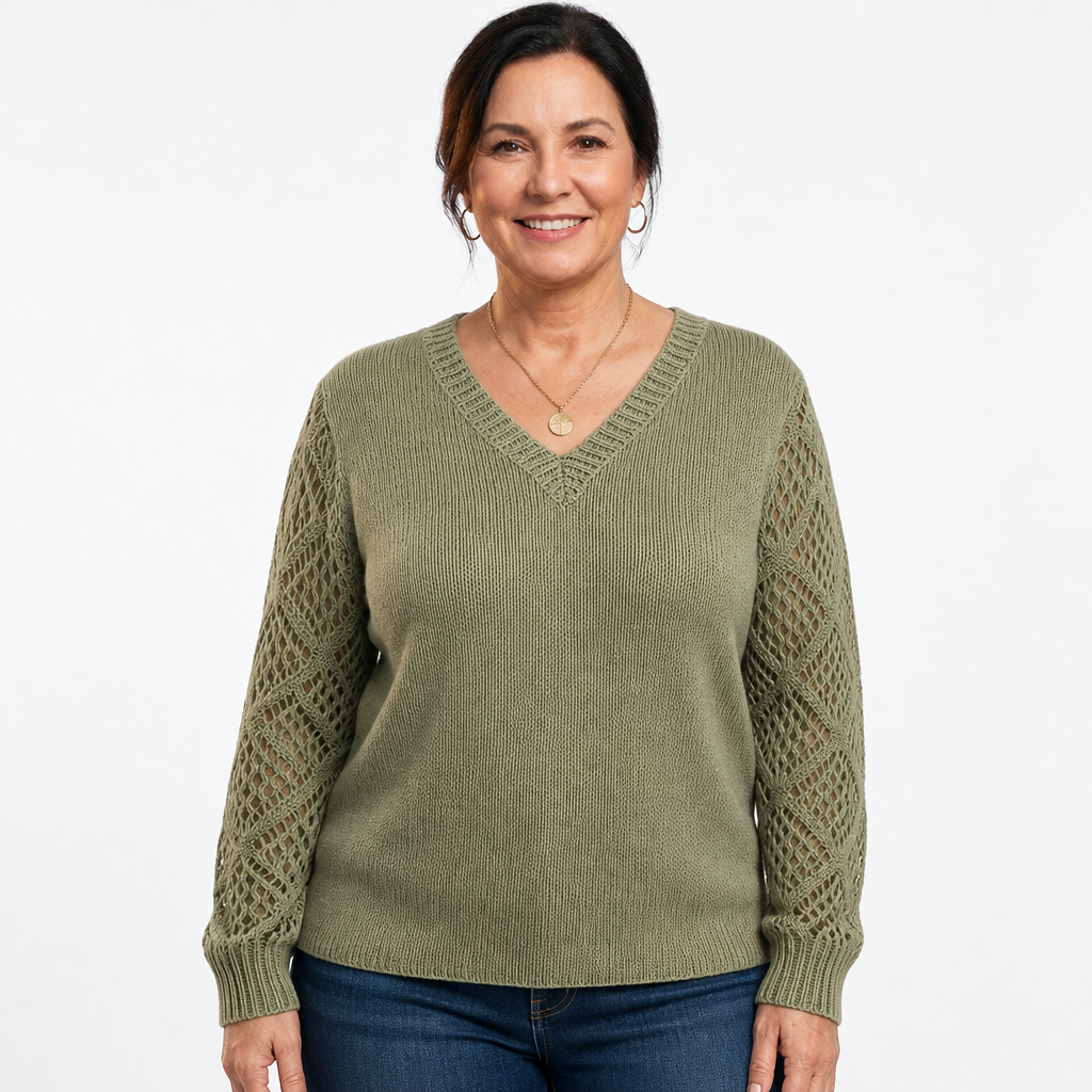 Women's Openwork Sleeve Ribbed V Neck Sweater