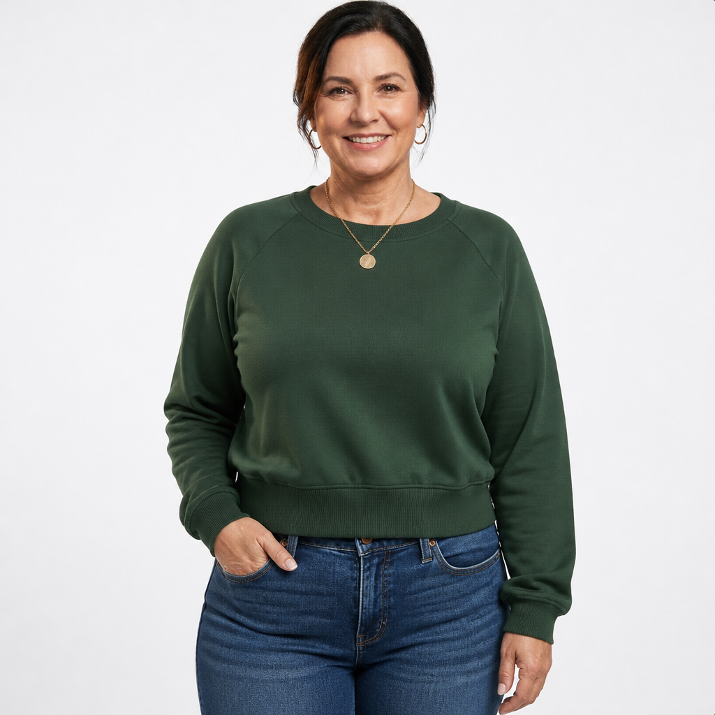 Women's Cropped Raglan Crewneck Sweatshirt - Dark Green