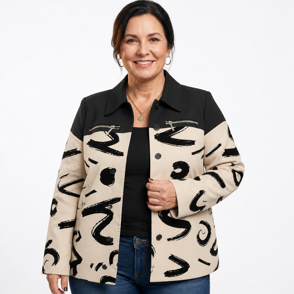 Women's Abstract Print Colorblock Shacket Jacket - Beige