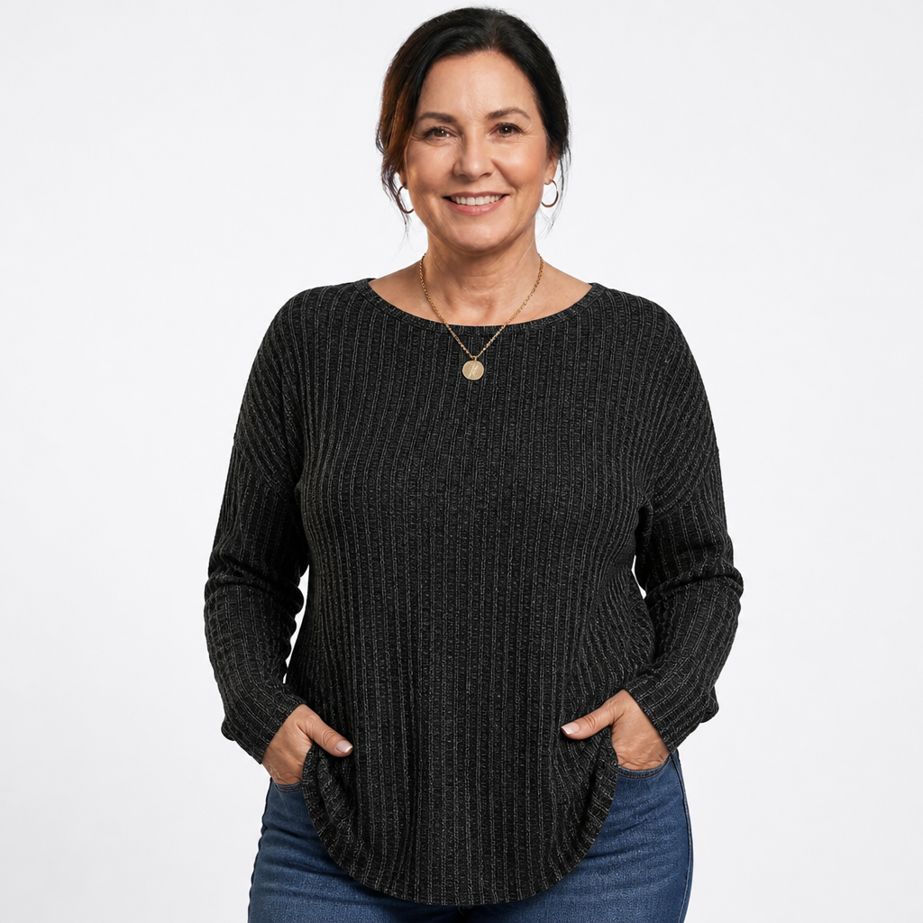 Women's Plus Size Long Sleeve Waffle Knit Tee - Black