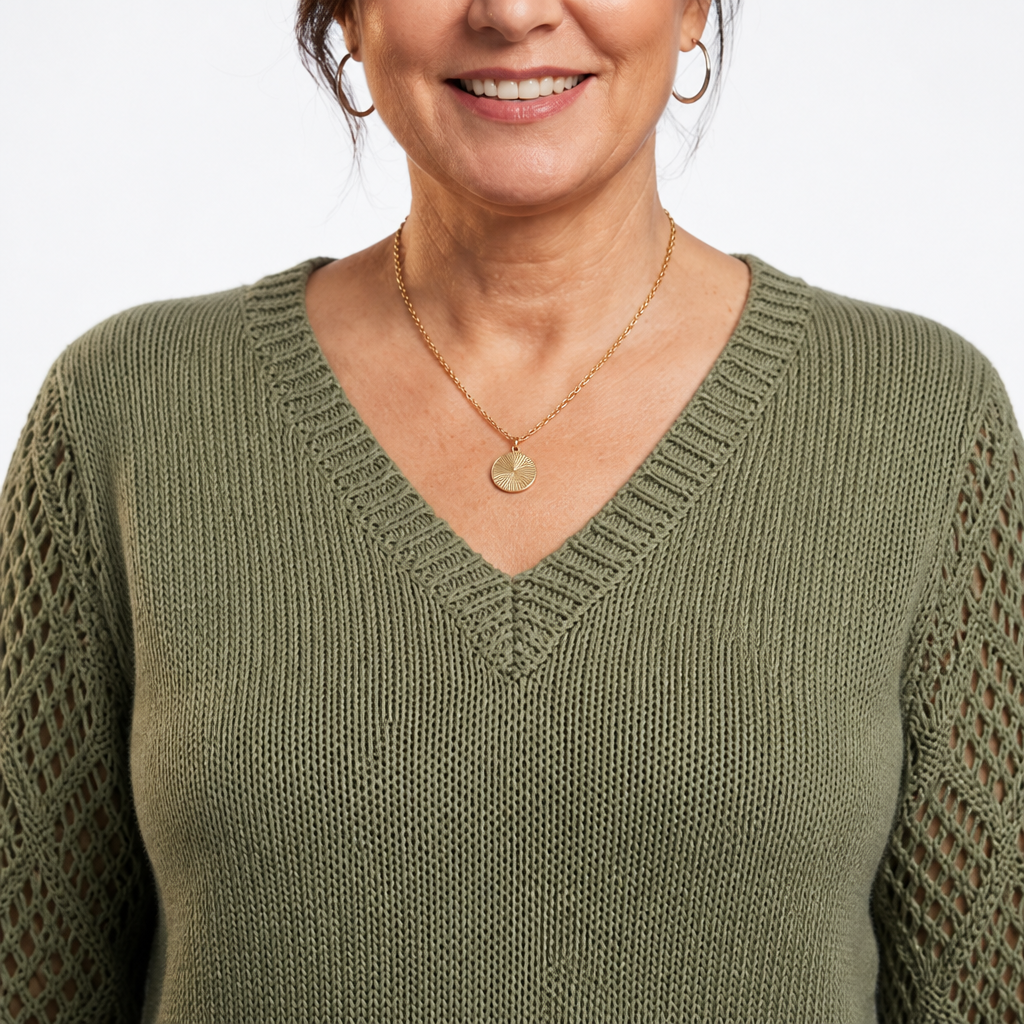 Women's Openwork Sleeve Ribbed V Neck Sweater - Green detail