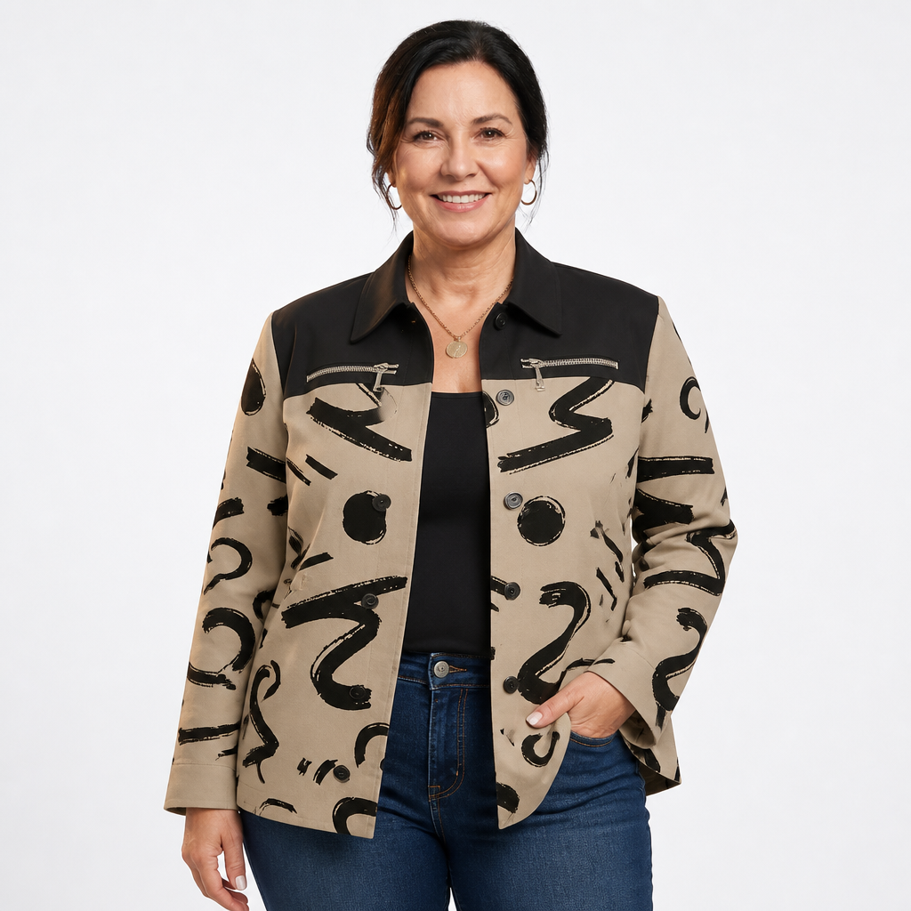 Women's Abstract Print Colorblock Shacket Jacket - Khaki