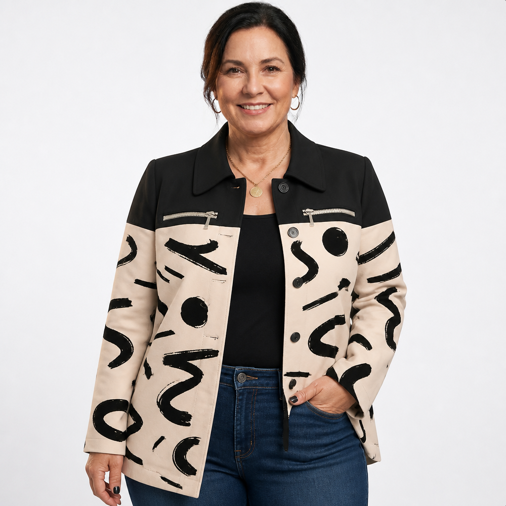 Women's Abstract Print Colorblock Shacket Jacket - Apricot