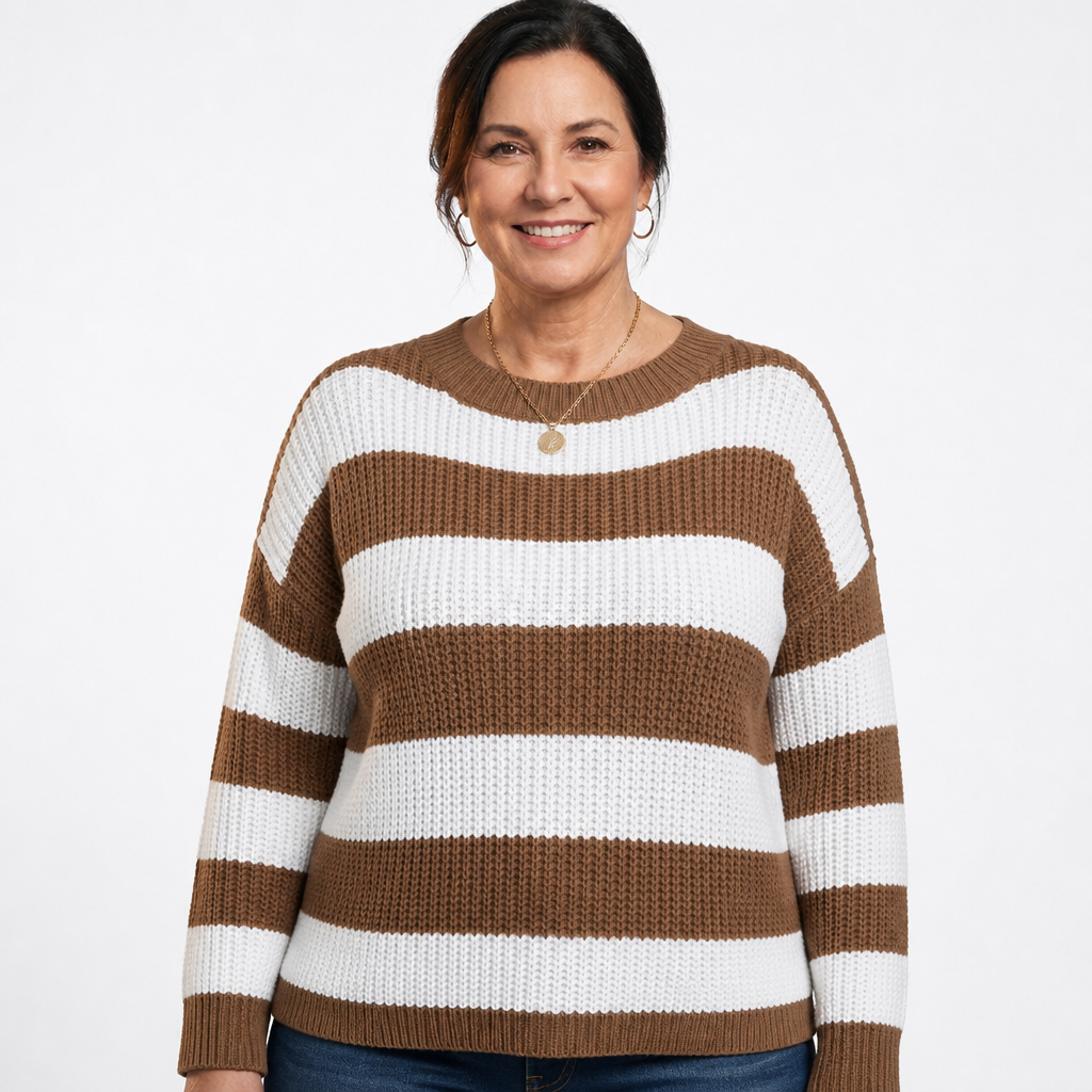 Women's Two Tone Striped Crewneck Sweater - Brown