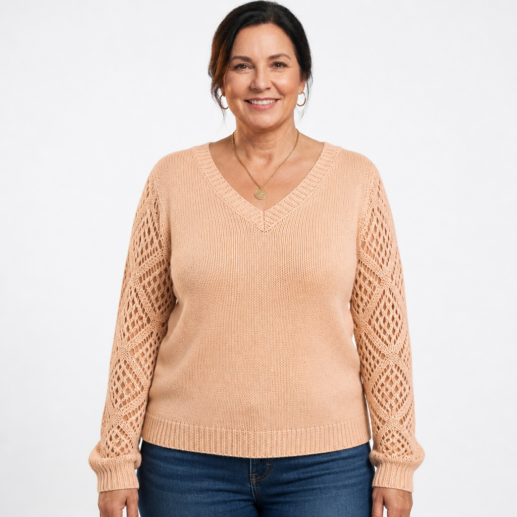 Women's Openwork Sleeve Ribbed V Neck Sweater - Apricot