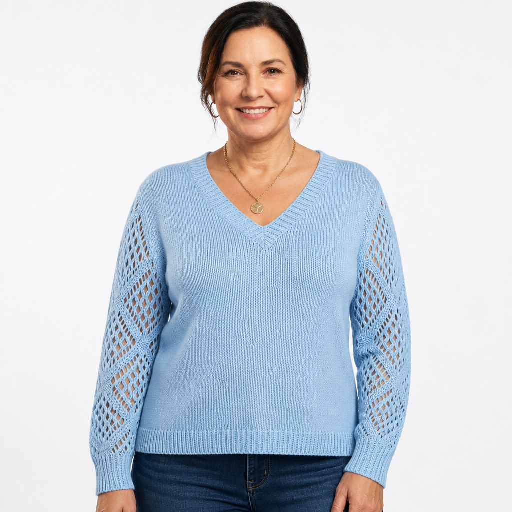 Women's Openwork Sleeve Ribbed V Neck Sweater - Sky Blue