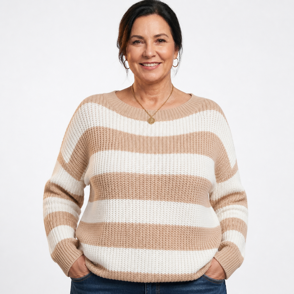 Women's Two Tone Striped Crewneck Sweater - Apricot