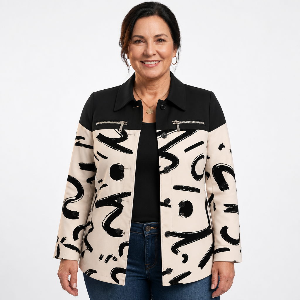 Women's Abstract Print Colorblock Shacket Jacket - Black