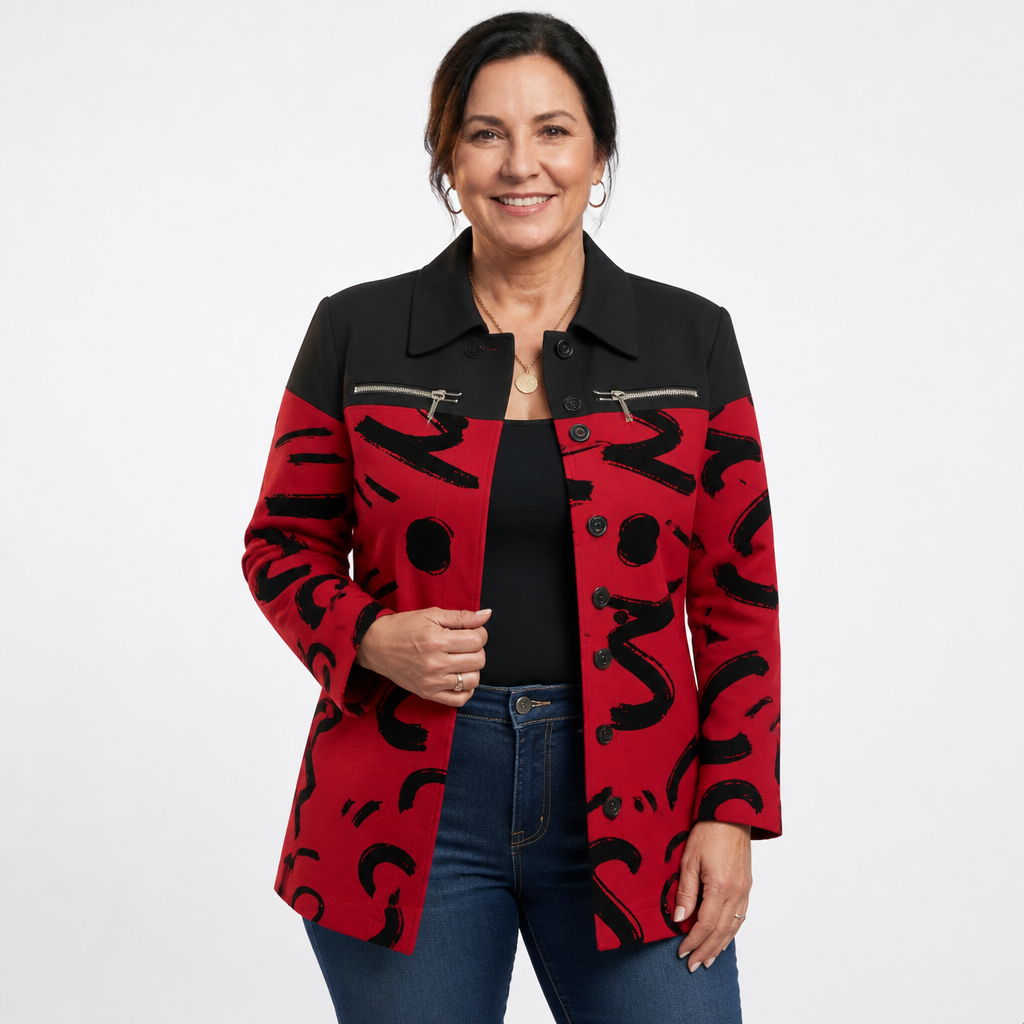 Women's Abstract Print Colorblock Shacket Jacket - Red