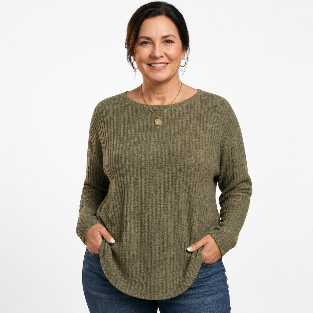Women's Plus Size Long Sleeve Waffle Knit Tee - Khaki