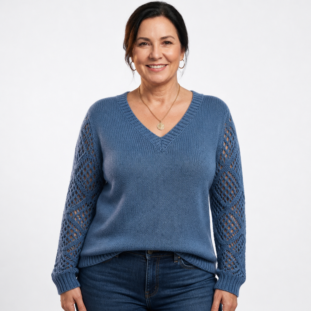 Women's Openwork Sleeve Ribbed V Neck Sweater - Blue