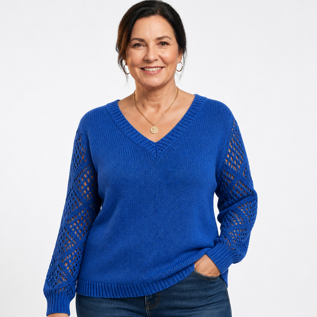 Women's Openwork Sleeve Ribbed V Neck Sweater - Royal Blue