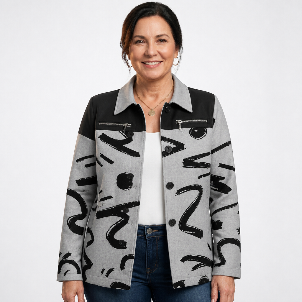 Women's Abstract Print Colorblock Shacket Jacket - Gray