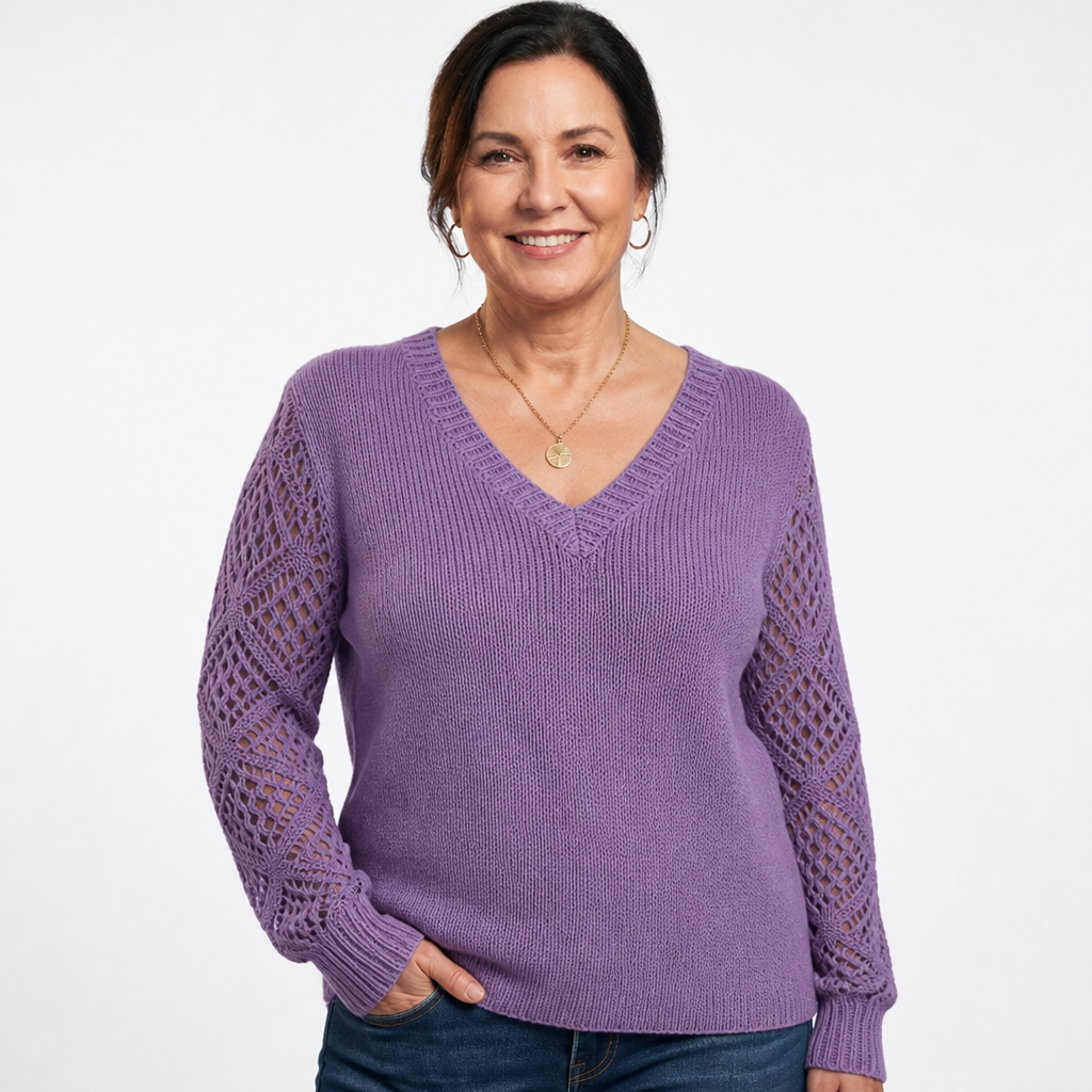 Women's Openwork Sleeve Ribbed V Neck Sweater - Purple
