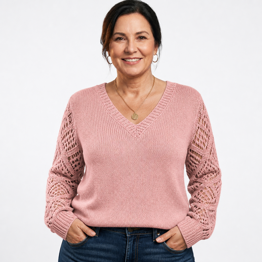 Women's Openwork Sleeve Ribbed V Neck Sweater - Pink