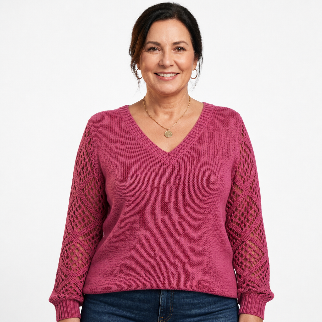 Women's Openwork Sleeve Ribbed V Neck Sweater - Dark Pink