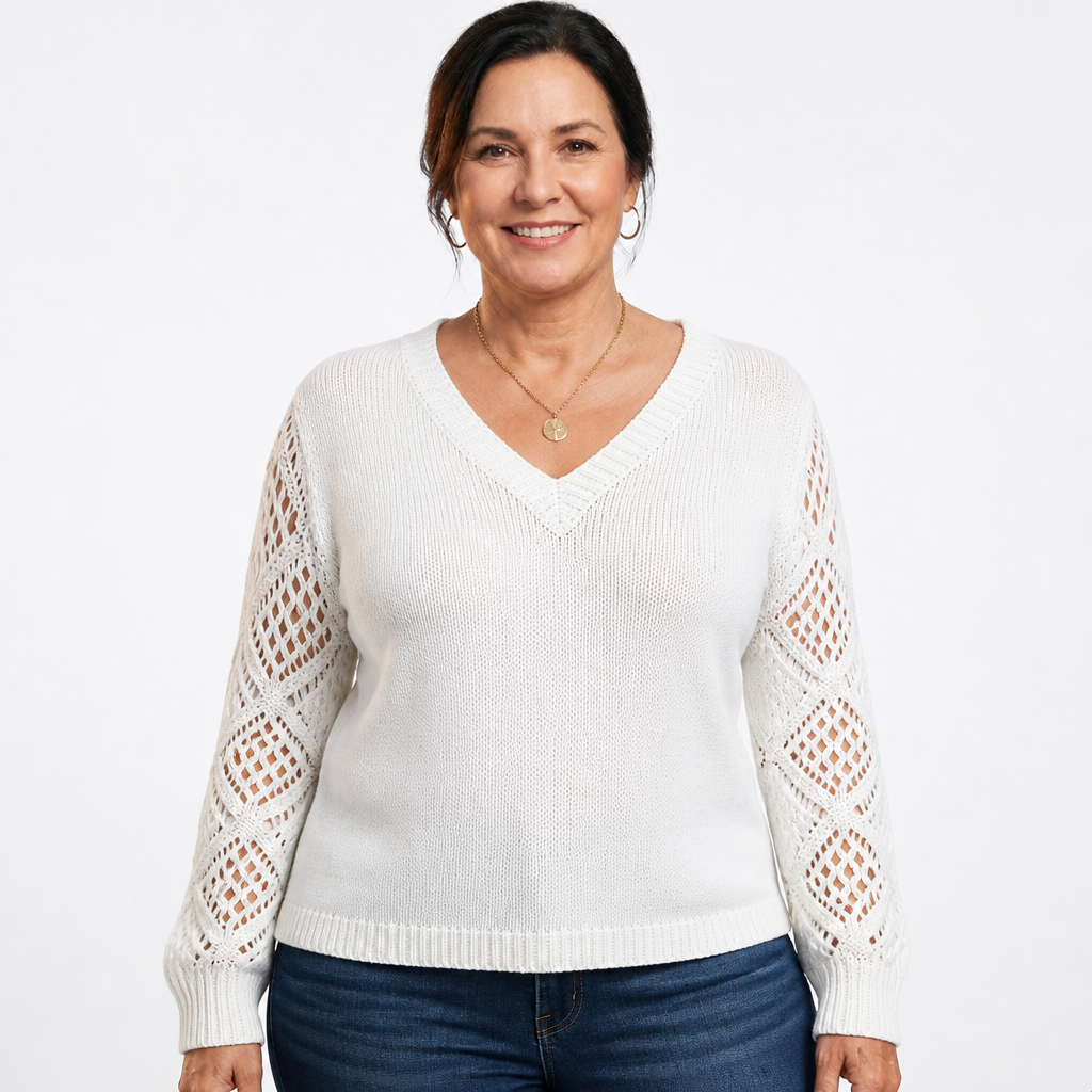 Women's Openwork Sleeve Ribbed V Neck Sweater - White