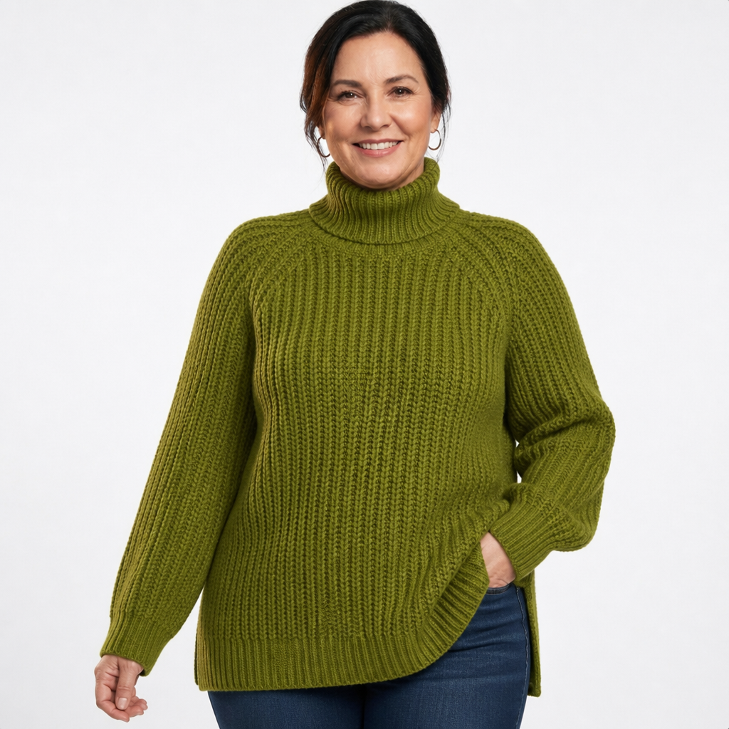 Women's Longline Ribbed Turtleneck Side Slit Sweater - Green