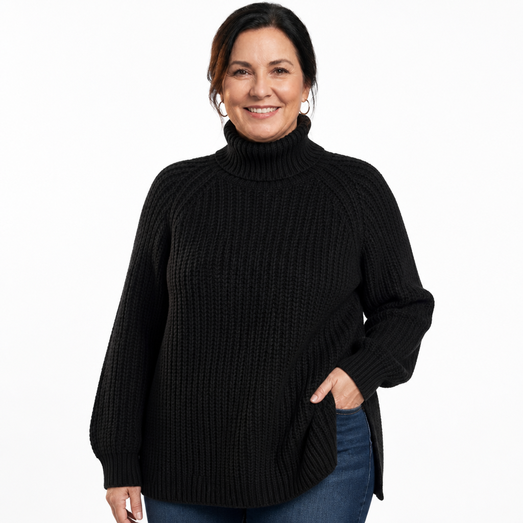 Women's Longline Ribbed Turtleneck Side Slit Sweater - Black