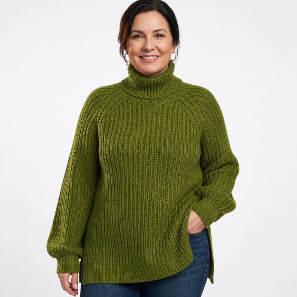 Women's Longline Ribbed Turtleneck Side Slit Sweater - Army Green