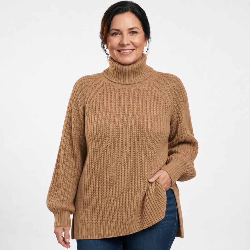 Women's Longline Ribbed Turtleneck Side Slit Sweater - Camel