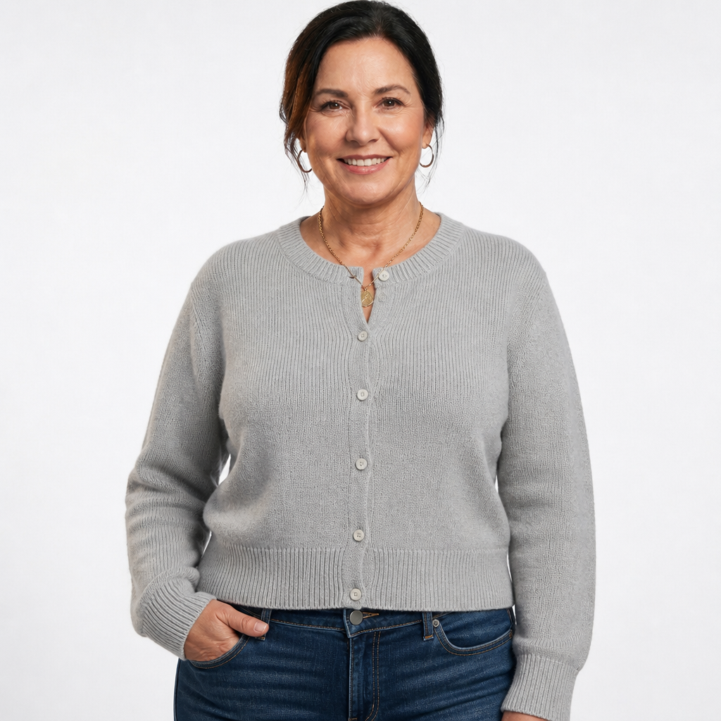Women's Cropped Crew Neck Button Cardigan - Gray